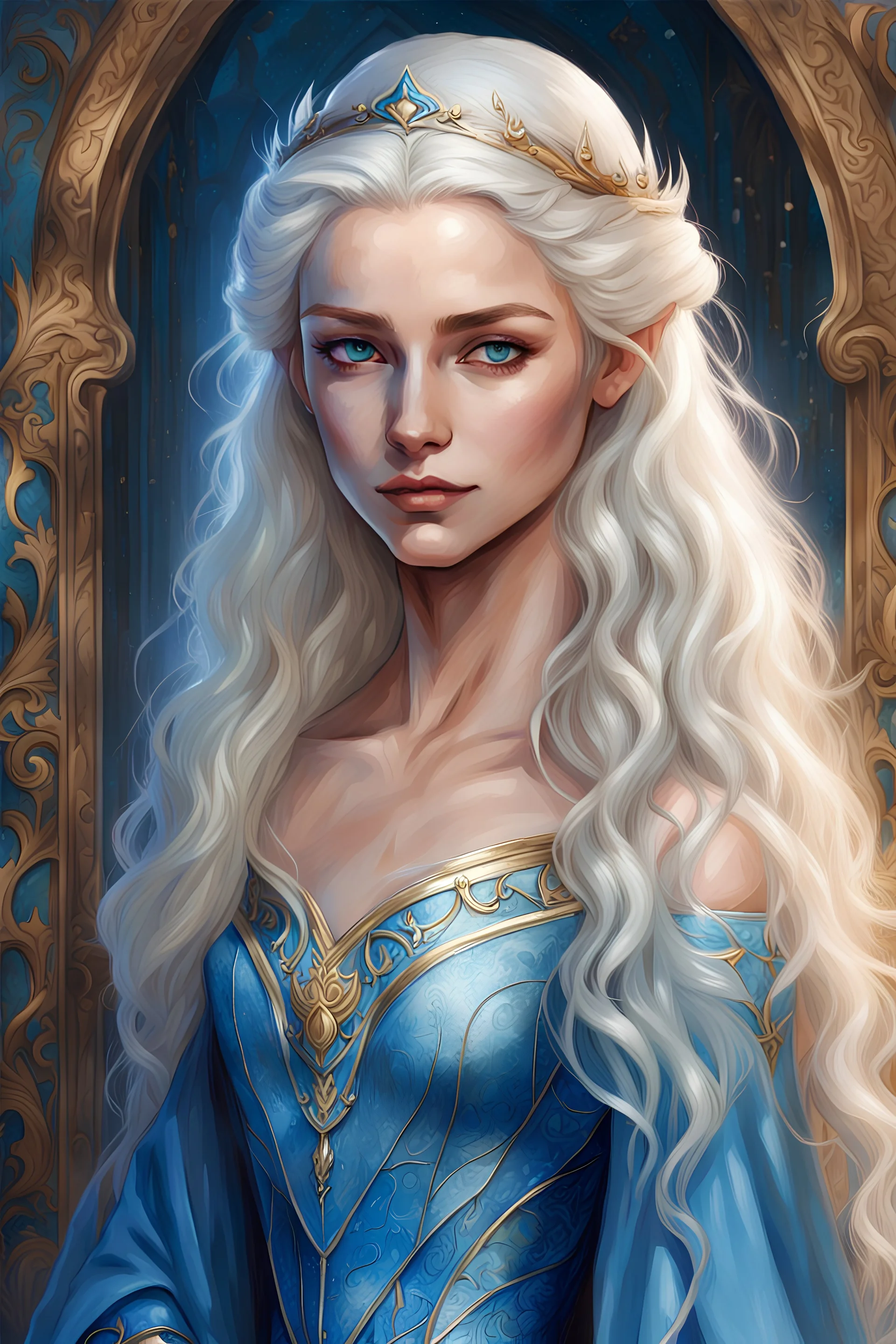 painting, Maegelle Targaryen, 16, epitomizes Targaryen allure with her shimmering golden locks, striking sapphire eyes, and a soft, heart-shaped face. Her slender frame, adorned with delicate features, accentuates her royal elegance, while her graceful movements reflect youthful innocence and curiosity. She wears flowing gowns in pale blues and teals, adding to her timeless charm.