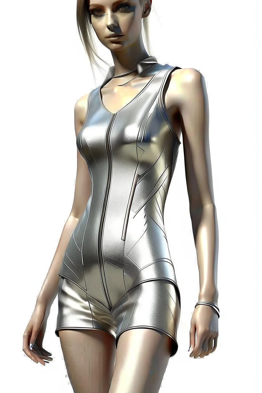 photorealistic image of a skinny woman wearing a silver swimsuit