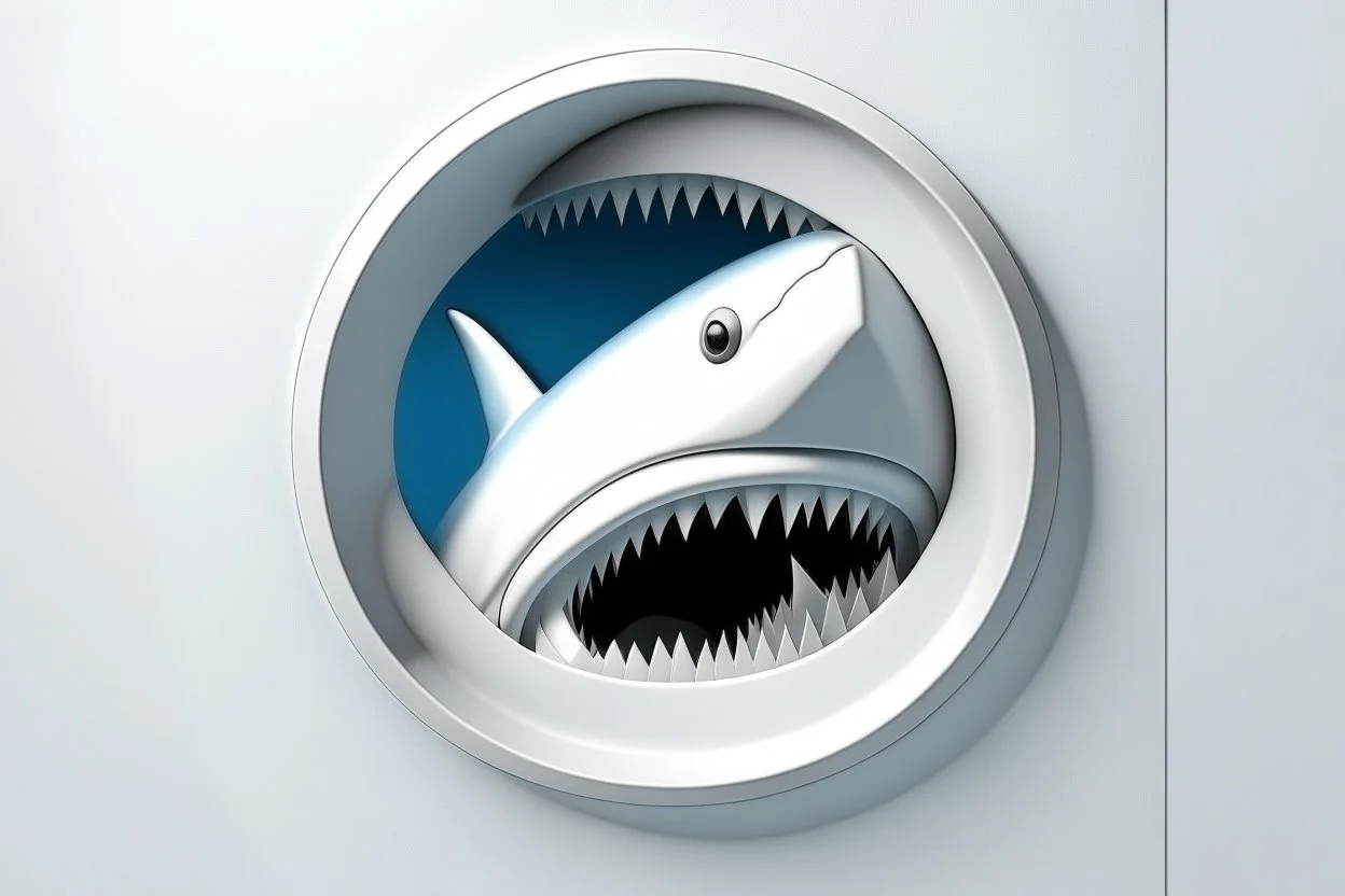 white,background,looking,through,a 3-d, hole,or,window,,a,seeing,shark