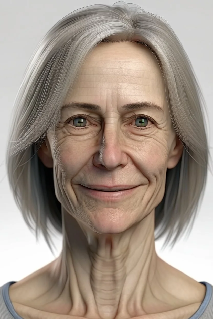 realistic, (49yr old female)without makeup, Caucasian beautiful face, 3/4 head position, dark hair, studio lighting, cinematic light, beautiful woman, milk beige middle hair, perfect anatomy, very cute smile, (head frame), on white background, 8k Resolution, elegant, close to perfection, dynamic, highly detailed, non-symmetrical body a, detailed hairstyles and skin texture