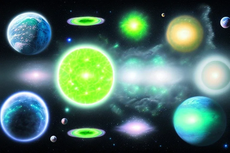 cosmos, sky stars, sky blue light, light, multiple green moons with neon rings