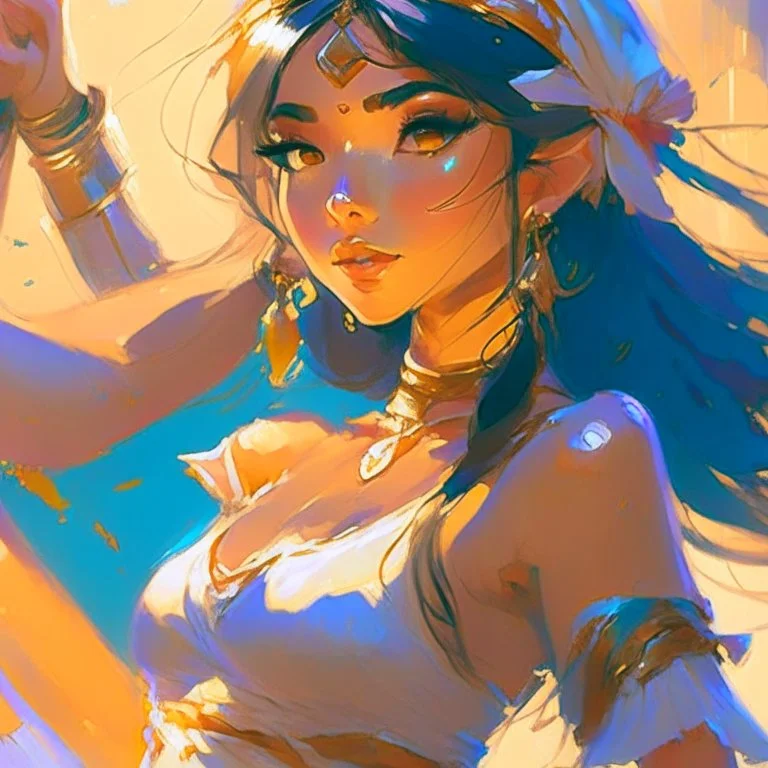 cute anime disney princess jasmine, key visual, glamour,sceane from princess mononoke movie, cute anime girl, dynamic pose, anime digital painting by loish + rossdraws + Pino Daeni, brush strokes, painterly, impressionist style, half painted, golden hour, digital art, 4k, full details