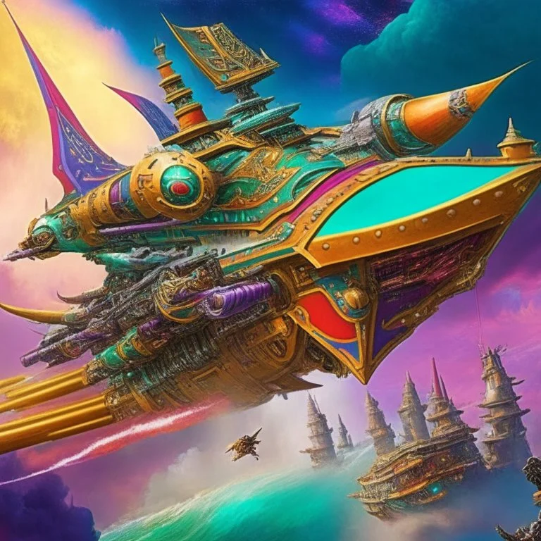 Warhammer eldar craftworld, a city ship, traversing the warp. Sid Myers, illustration, colourful.