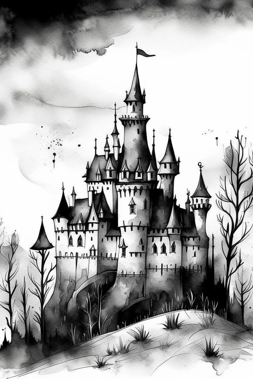 Watercolor black and white castle