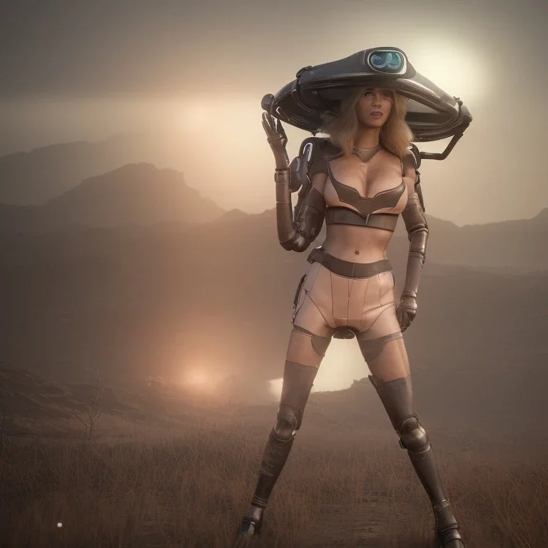 Ultra Realistic retro sci-fi movie scene, waist up view portrait, blonde woman pointing a gun, sweet young Claudia Schiffer face, perfect iris, glow eyes, makeup, weapon. Drones background, Retro sci-fi style, helmet, tight latex coat, fog, rain, soft color, highly detailed, unreal engine 5, ray tracing, RTX, lumen lighting, ultra detail, volumetric lighting, 3d, finely drawn, high definition, high resolution.