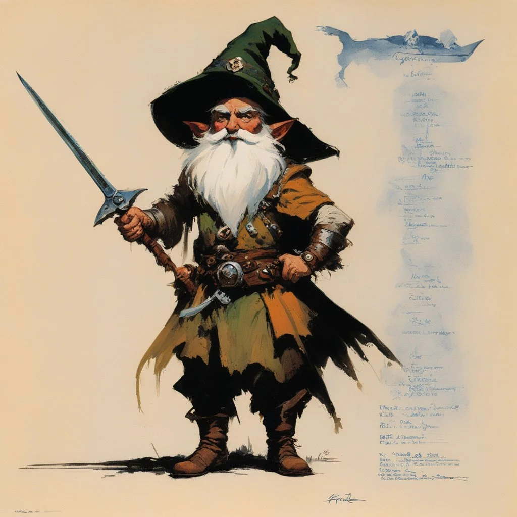 ConceptSheet: gnome sorcerer and her dagger with AD&D statistics [by frank frazetta]