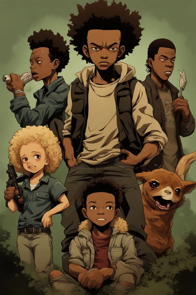 Give me the art-style of the boondocks with a poster of the main cast from TWD Series. Add guts from Berserk and griffin eating a small baby deer.