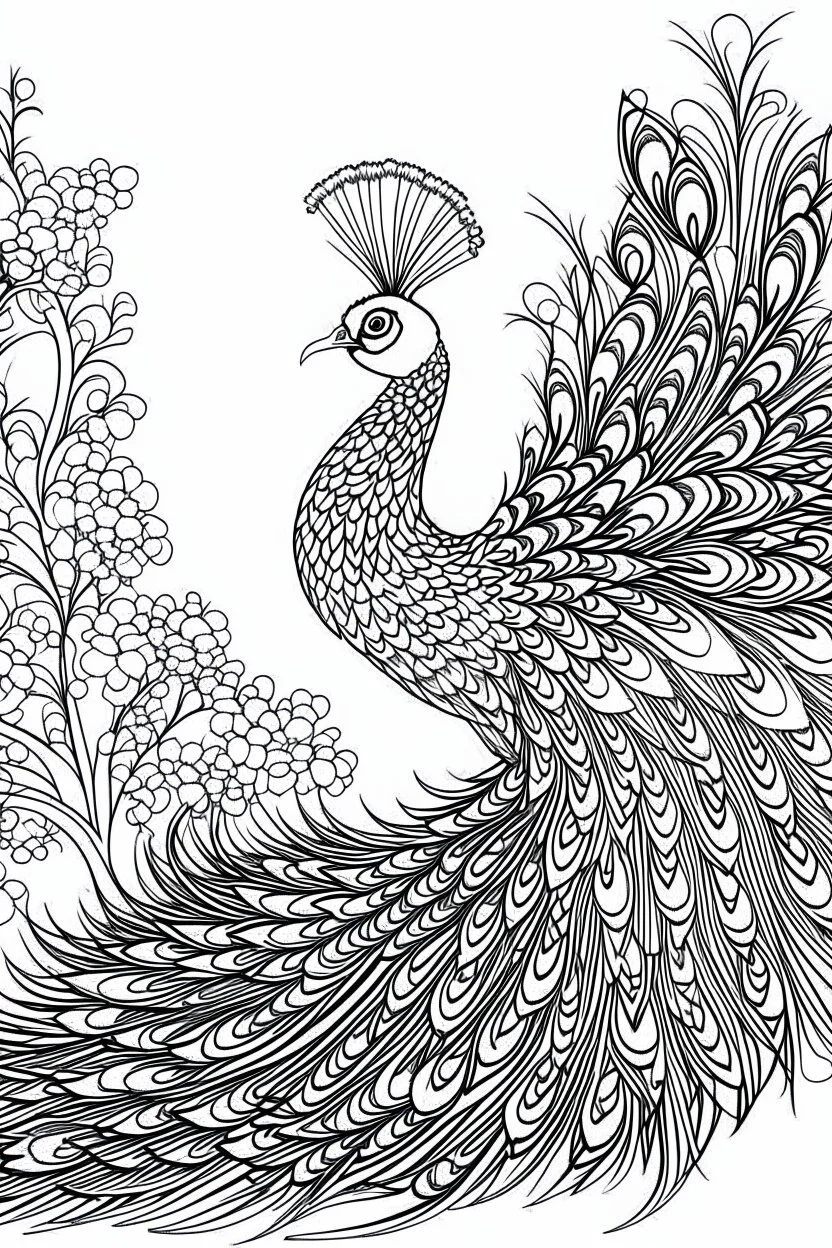 HAPPY NEW YEAR colouring page for kids,Peacock displays stunning plumage HAPPY NEW YEAR CELEBRATE, thick outline, low details, no shading, no colour