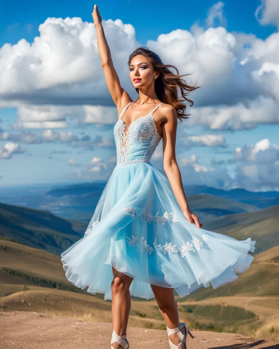 full-body closeup shot of a young, beautiful girl with a perfect face and makeup,wearing pretty dance dress standing in a stage in open air nice hills , blue sky ,pretty clouds at distant