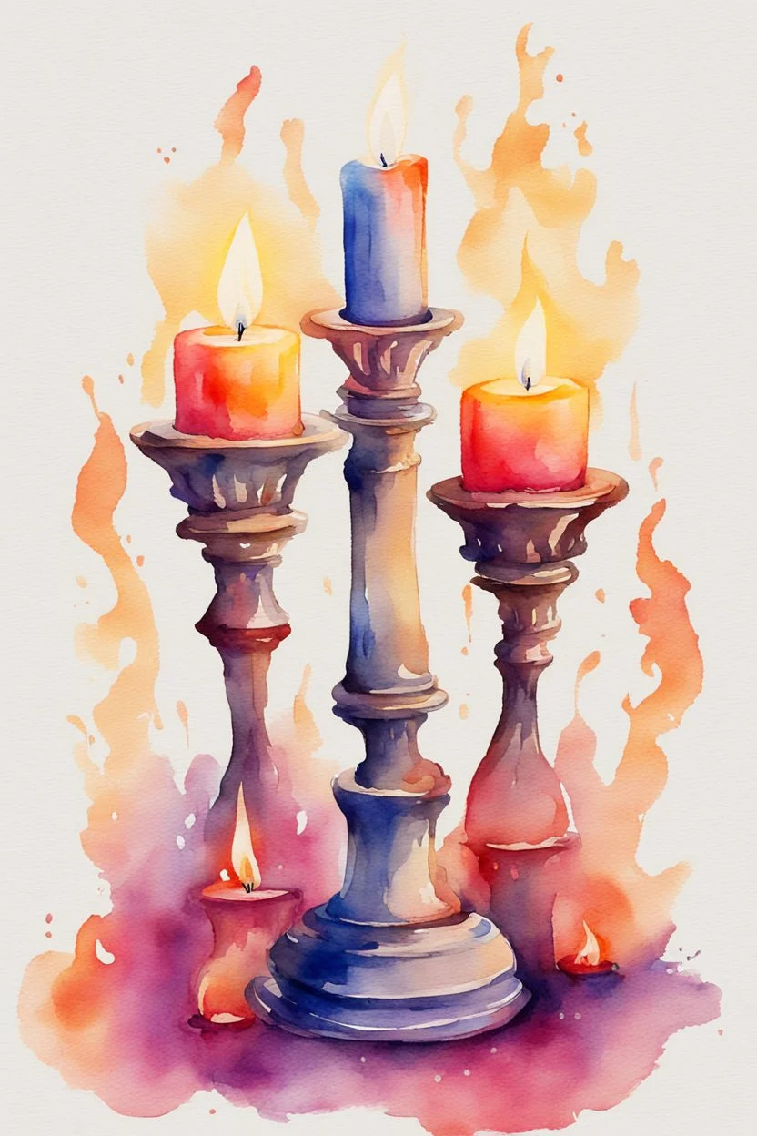 Watercolor candlestick with burning candles from the movie Beauty and the Beast on a light background