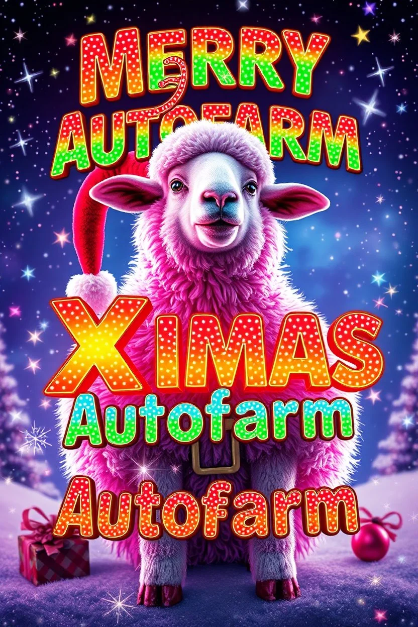 Design an over-the-top, 1990s-style movie poster featuring a flamboyant, festive sheep with Santa's jolly characteristics. Capture the campy, glitter-filled spirit of a holiday extravaganza. Display 'Merry Xmas Autofarm' prominently in bold, rainbow letters, surrounded by sparkling lights, glitter, and festive decorations. Use bright, vibrant colors and playful design elements to evoke a sense of retro holiday magic and fabulous fun