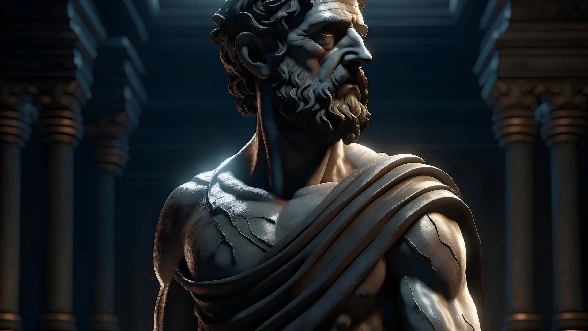 statue marcos aurelio greek stoicism, mid hair style head with small beard and muscles, cinematic, 8k, dark background, walking at night on abandoned ruins, some little particles around, perfect composition, beautiful detailed intricate insanely detailed octane render trending on artstation, 8 k artistic photography, photorealistic concept art, soft natural volumetric cinematic perfect light, chiaroscuro, award - winning photograph, masterpiece, oil on canvas, raphael, caravaggio, greg rutkowski