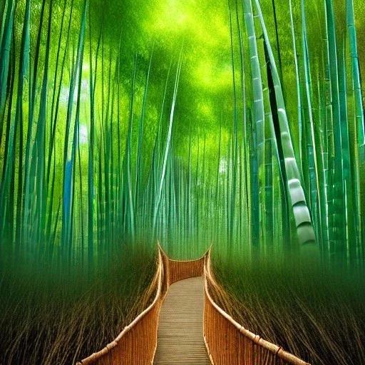 photo of intricate, realistic bamboo forest with endless wooden walkway, 8k, high-quality, ultrafine-detail, intricate, detailed matte, digital painting, artwork, brian froud, howard lyon, selina french, anna dittmann, annie stokes, Greg Rutowski