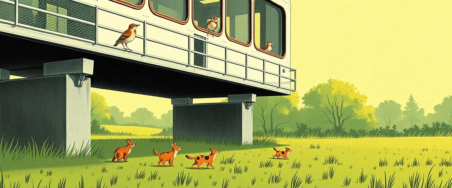 Show several tiny wildlife animals comfortably passing underneath the elevated structure, with birds perched on top and watching the commotion with curiosity. The environment is green countryside with trees and grass. Visual style: beautifully illustrated 1960s–1970s industrial safety manual mixed with optimistic retro-futurism, clean graphic composition, slightly absurd British public-information-film humor, detailed hand-drawn illustration, muted vintage printing texture, charming mechanical
