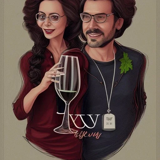 Label of red wine with grapes and vines. A lady in her 40 with long har and eyes glasses, and her male colleague friend with short hair, with muscles and he hasn't got glasses. They are drinking fresh red wine with smiles. simple funny sketch in pencil