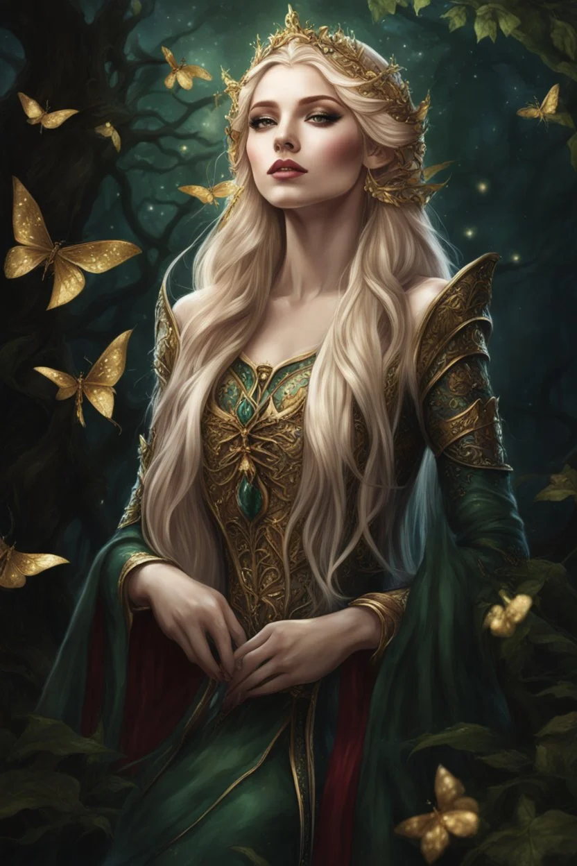 Burgundy hair, dark hair,dark red , rapunzel hair,very long hair,dark fairy princess,elven crown,night,dragonflies,beautiful,ong ashes,golden armor ,sparkle,night blooming,ivy,dark green,lilly of valley,golden elven crown,elven warrior,dark gold armor,extremely long hair