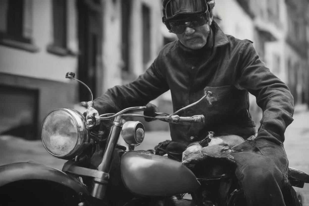 A man riding a vintage motorcycle, with the essence of Grisaille and the fluid dynamics of Ferrofluid surrounding him. -ar 16:9-s 50-