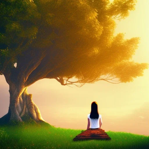 a girl sitting behind the tree in temple