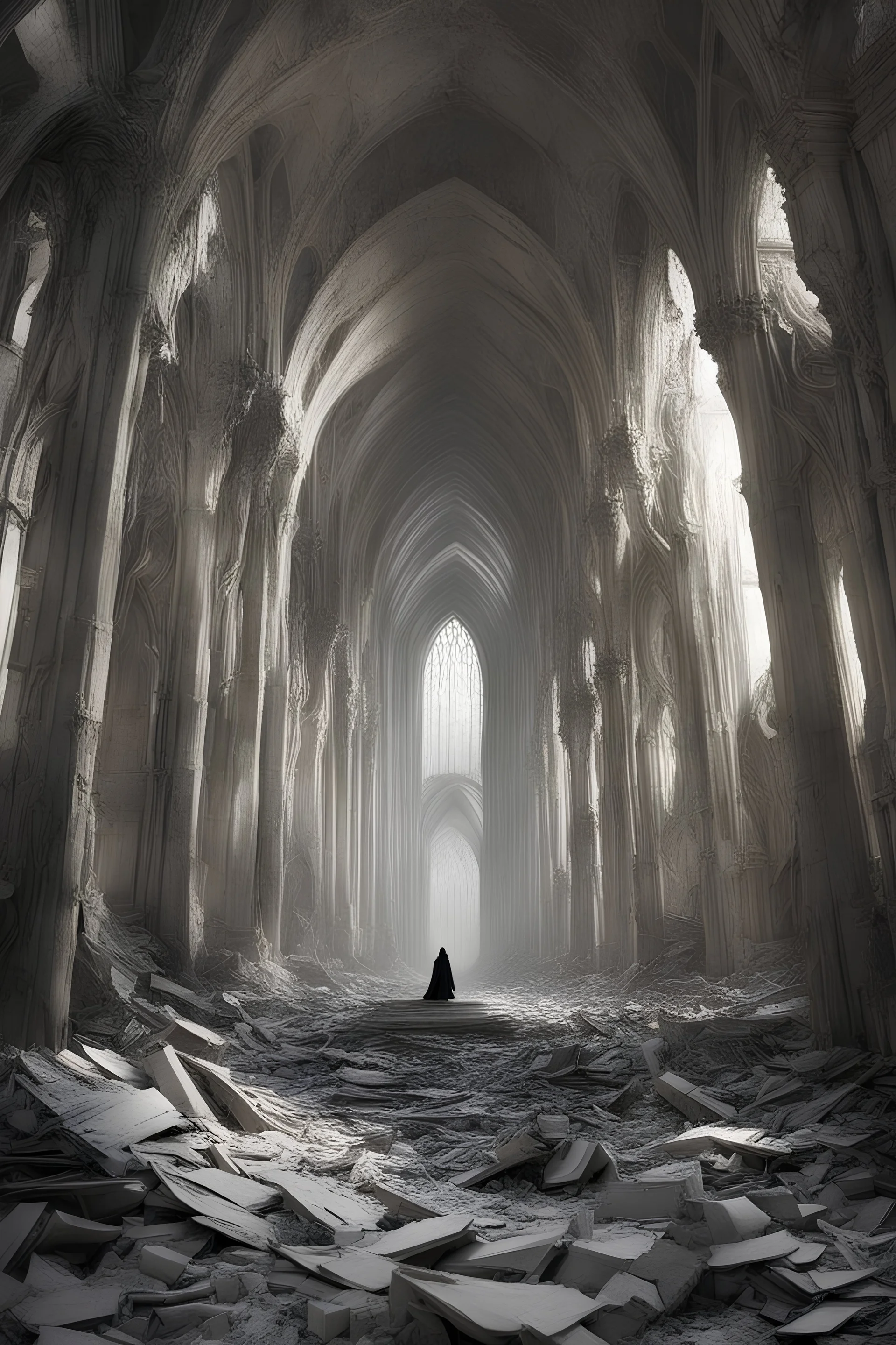 light>darkness>cathedral>riuna>rubble>kneeling man>spread arms>blood>stigmata>abyss>fire>suffering>scream>eyes covered with a bandage>long flowing hair>demons>huge interior