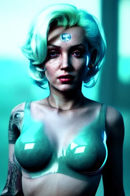 Ultra Realistic image, portrait, blonde woman, sweet Marylin Monroe face, perfect iris, glow eyes, glow makeup. Cyborg, Cyberpunk style, oversized transparent latex coat, yakuza tattoos body. fog, rain, soft color, highly detailed, unreal engine 5, ray tracing, RTX, lumen lighting, ultra detail, volumetric lighting, 3d, finely drawn, high definition, high resolution.