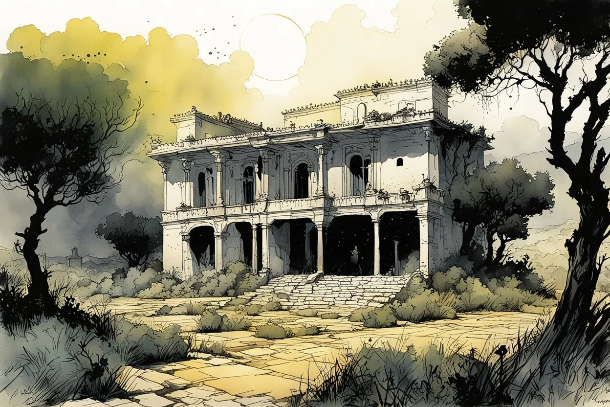 create in inkwash and watercolor a ruined Spanish villa with expansive olive groves set storm lashed landscape of ancient Andalusia in the comic book art style of Mike Mignola, Bill Sienkiewicz and Jean Giraud Moebius, , highly detailed,, grainy, gritty textures, , dramatic natural lighting