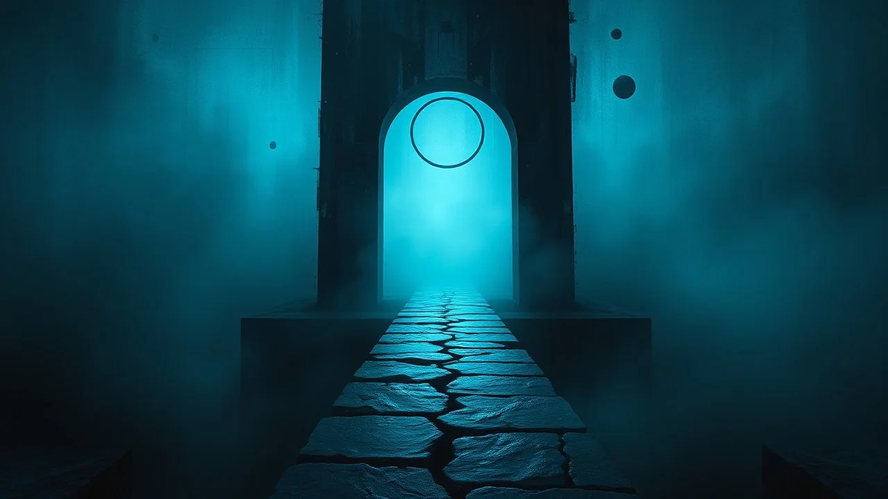 passage over nothingness, surreal, dark and cold abstract artwork dominated by deep blue, icy cyan, charcoal black and muted steel-grey tones. An narrow passageway emerges from an abstract distorted weird landscape, surrounded by thick fog and drifting mist. The space feels nightmare, alien and unsettling, with floating circle and line geometric forms, black onix column architectural fragmented and unnatural perspectives. At the center of the composition cracked stone way over abyss