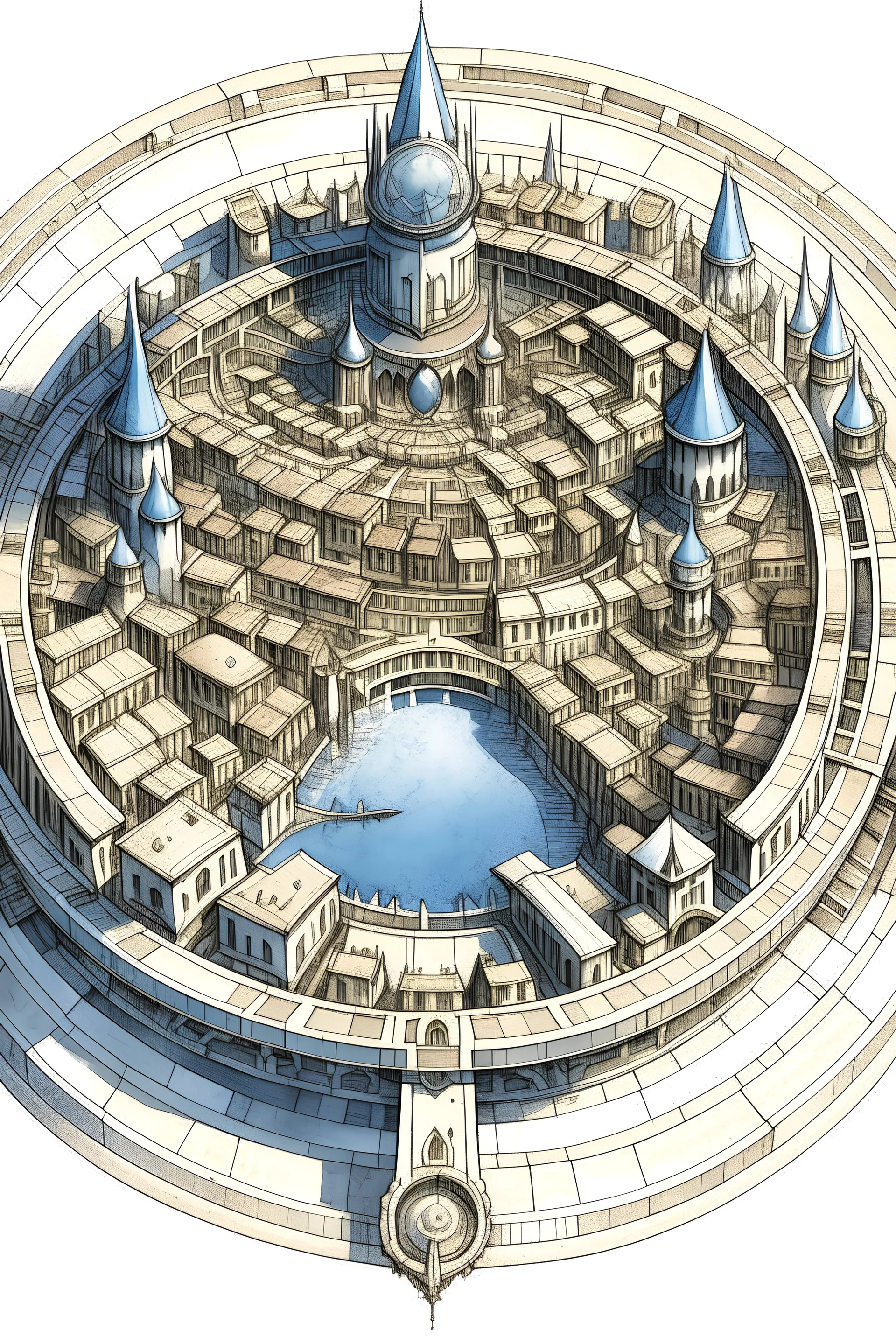 A drawing of a wealthy medieval, yet futuristic city made of un edged white blueish walls. The city has marvelous walls and is shapped in a circular whell. Three rivers cross the city and connect in the center.