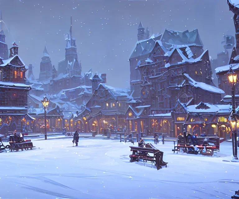 A magical snowy town square with river canals and a Christmas tree for warlocks