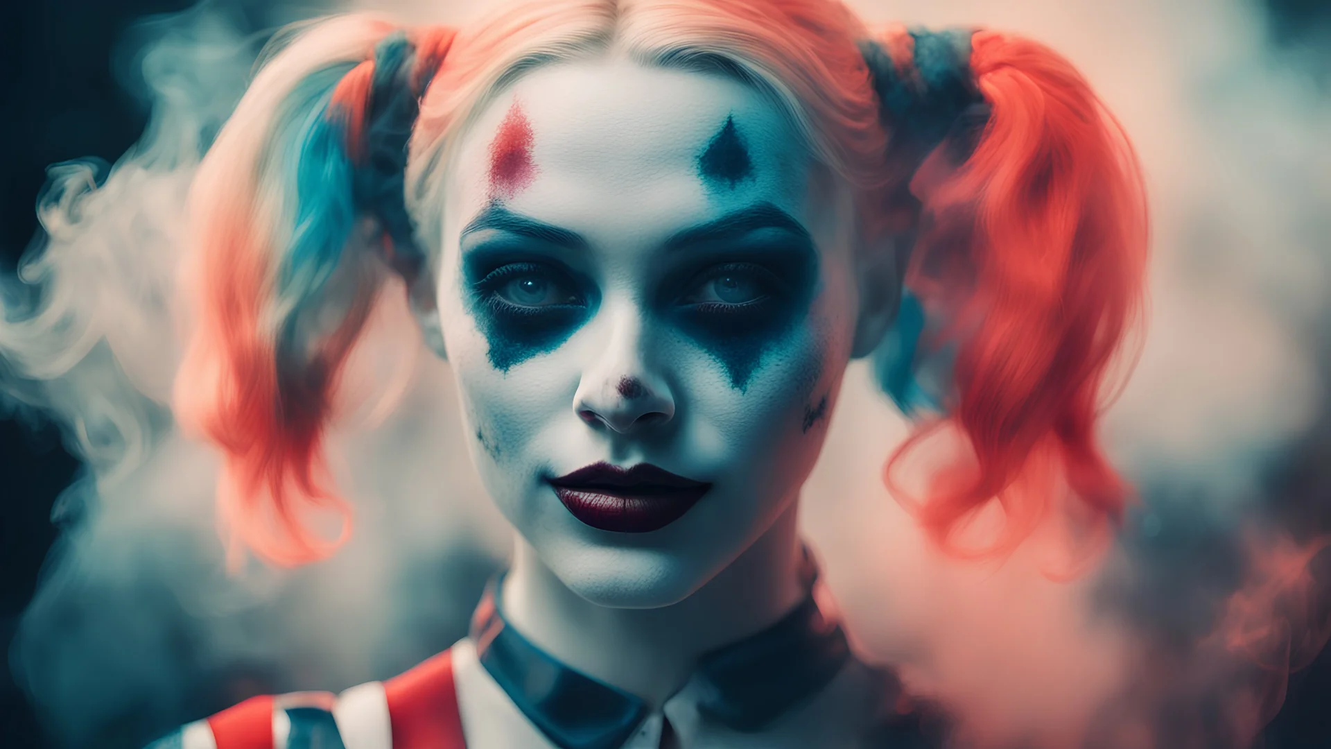 realistic portrait of harley quinn The face of a harlequin; double exposure juxtaposed with Memories of corals, bioluminescence, smoke and loneliness. A cold colour palette with only the fire having warm colours ; hyperealistic photography style digital double exposure post processed for greater detail