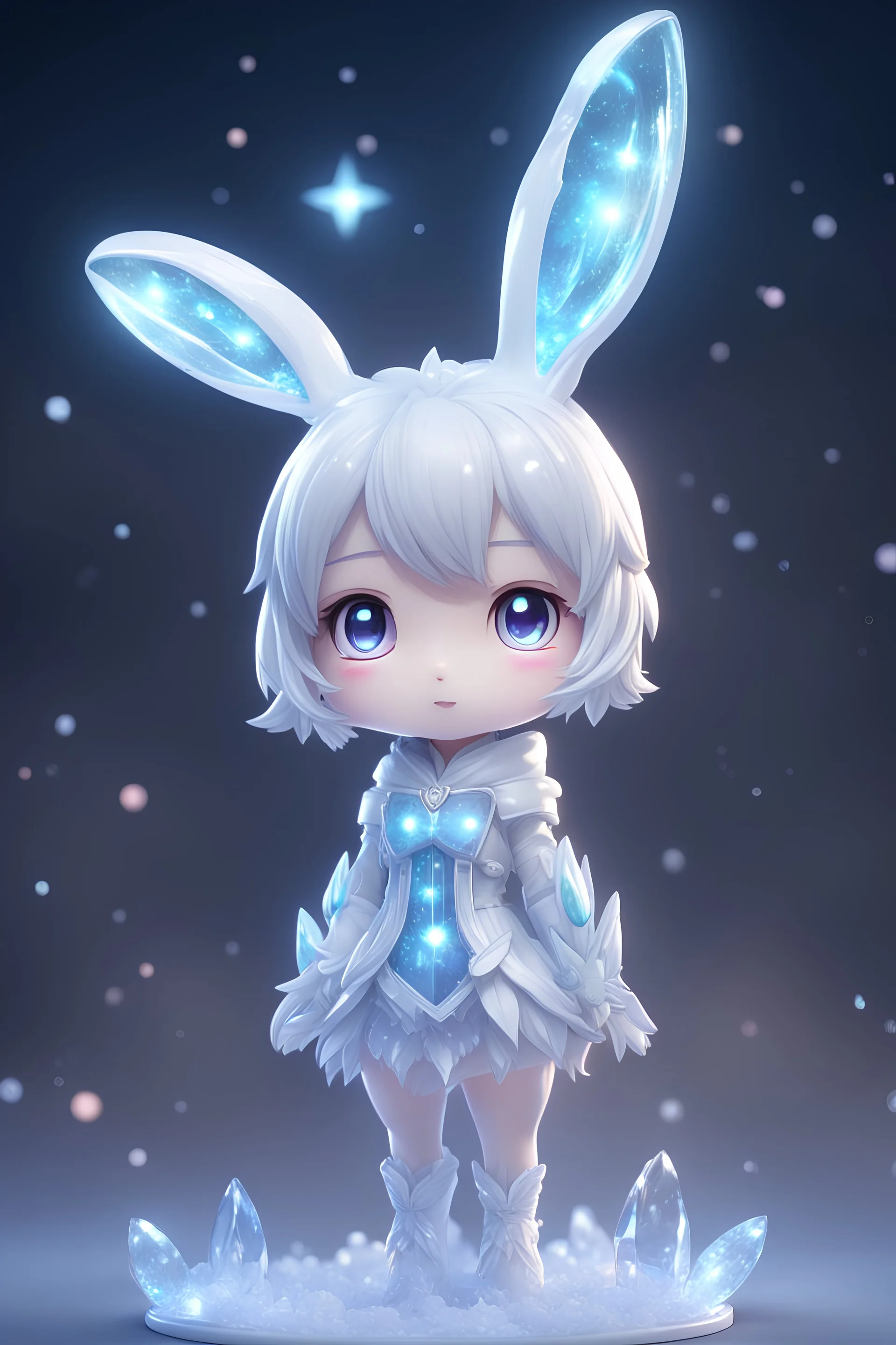 cute full body of chibi freezing rabit translucent crystal shiny eyes ful glow, icy night light cinima. BG hyper detail, pyper quality, 8k accurate sparkles biolumin encent