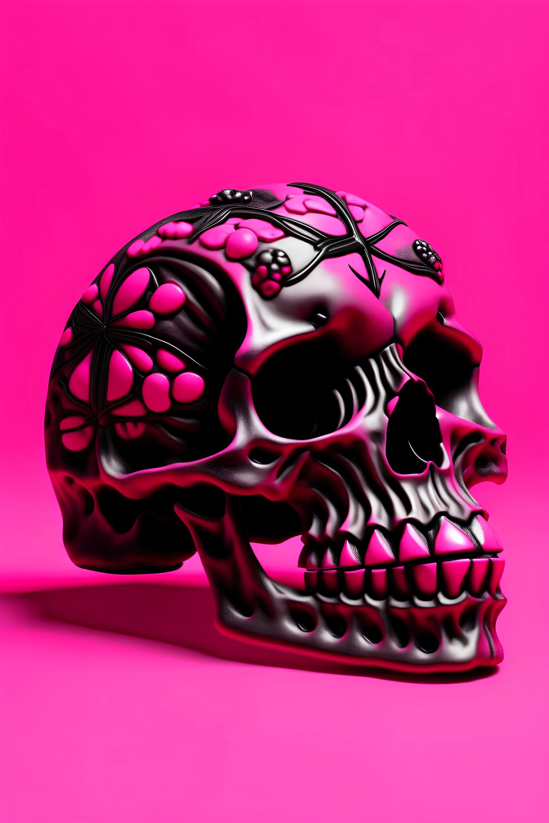 Full rubber pastel pink brain with star eyes on a skull with rubber effect and a black butterfly far away on a fuxia background