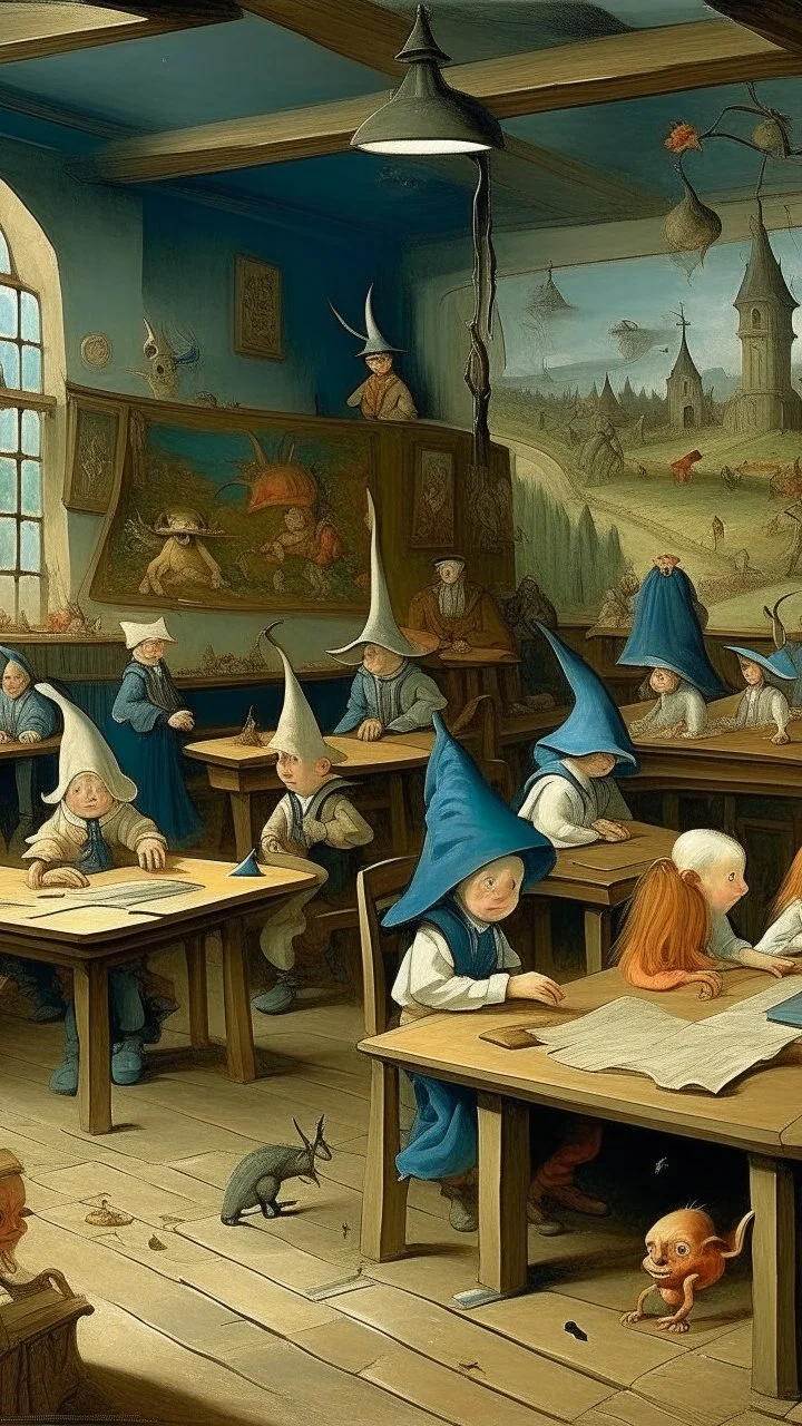 Bosch painting style nightmare, a children class room all children’s sitting on the desks are ghost