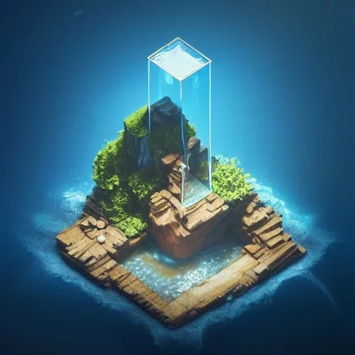 The Isometric Glass Tall Box Mini Model Little Real Island Mixed Water Fall Under Ocean Sunshine Summer Background Blue Sea, The Last Of Us / Avatar, Octane Render / ZBrush, Cinematic, IMAX Film, Nikon D750, 16K, Autostereoscopy, Anthropomorphic, Golden Ratio, Geometry, Symmetric, Depth Of Field, Highly Detailed, Ultra Realistic, Beautiful Lighting, Halfrear Lighting, Soft Light, Candoluminescence, Cast Shadow, Reflective, Glow, Translucent, Normal Map, Carbonated --testp