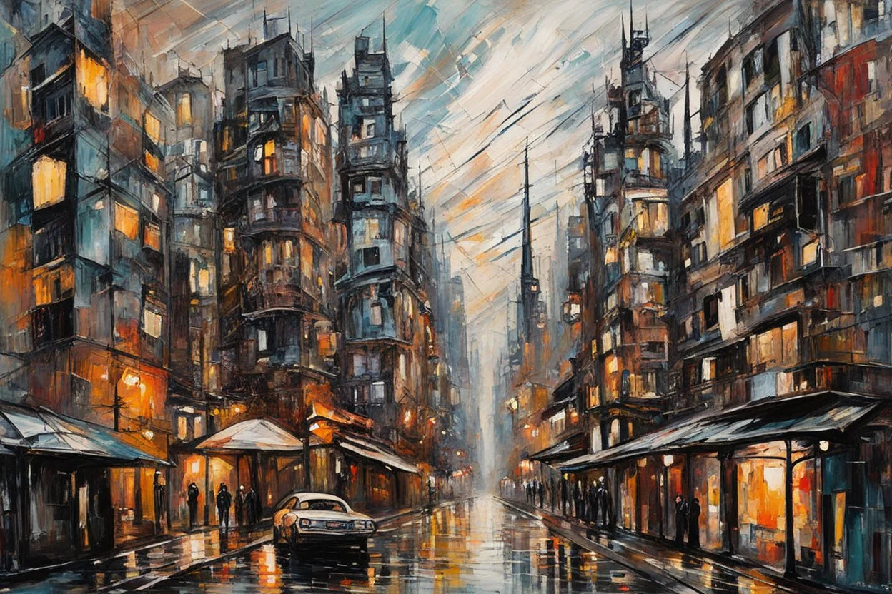 palette knife painting of a surreal futuristic cyberpunk city , in the Expressionist style of Egon Schiele, Oskar Kokoschka, and Franz Marc, highly detailed in muted natural colors with fine detail outlining and shading