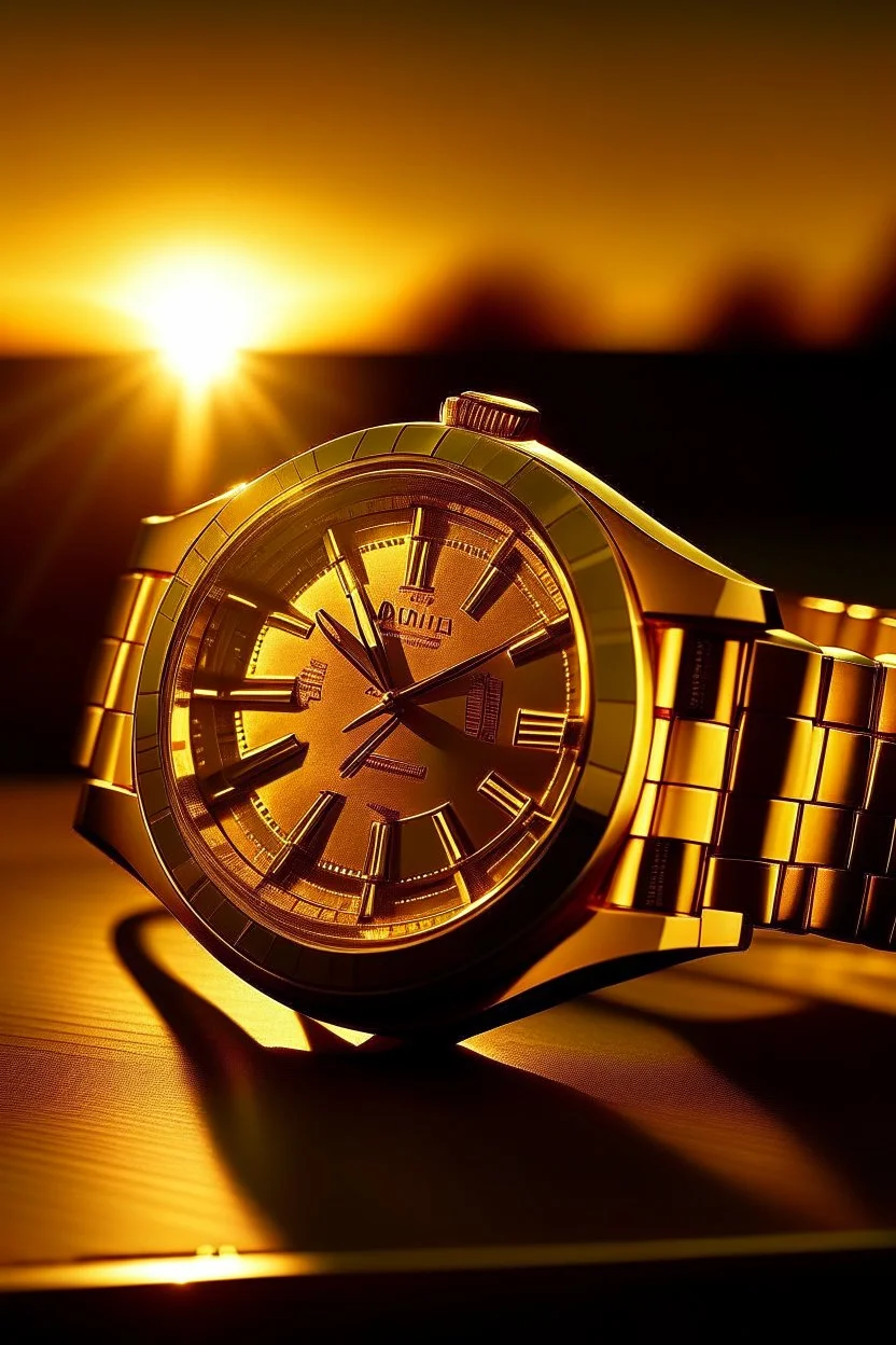 Generate an image capturing the warm glow of a men's solid gold watch during the golden hour, highlighting its radiant beauty against a stylish backdrop.