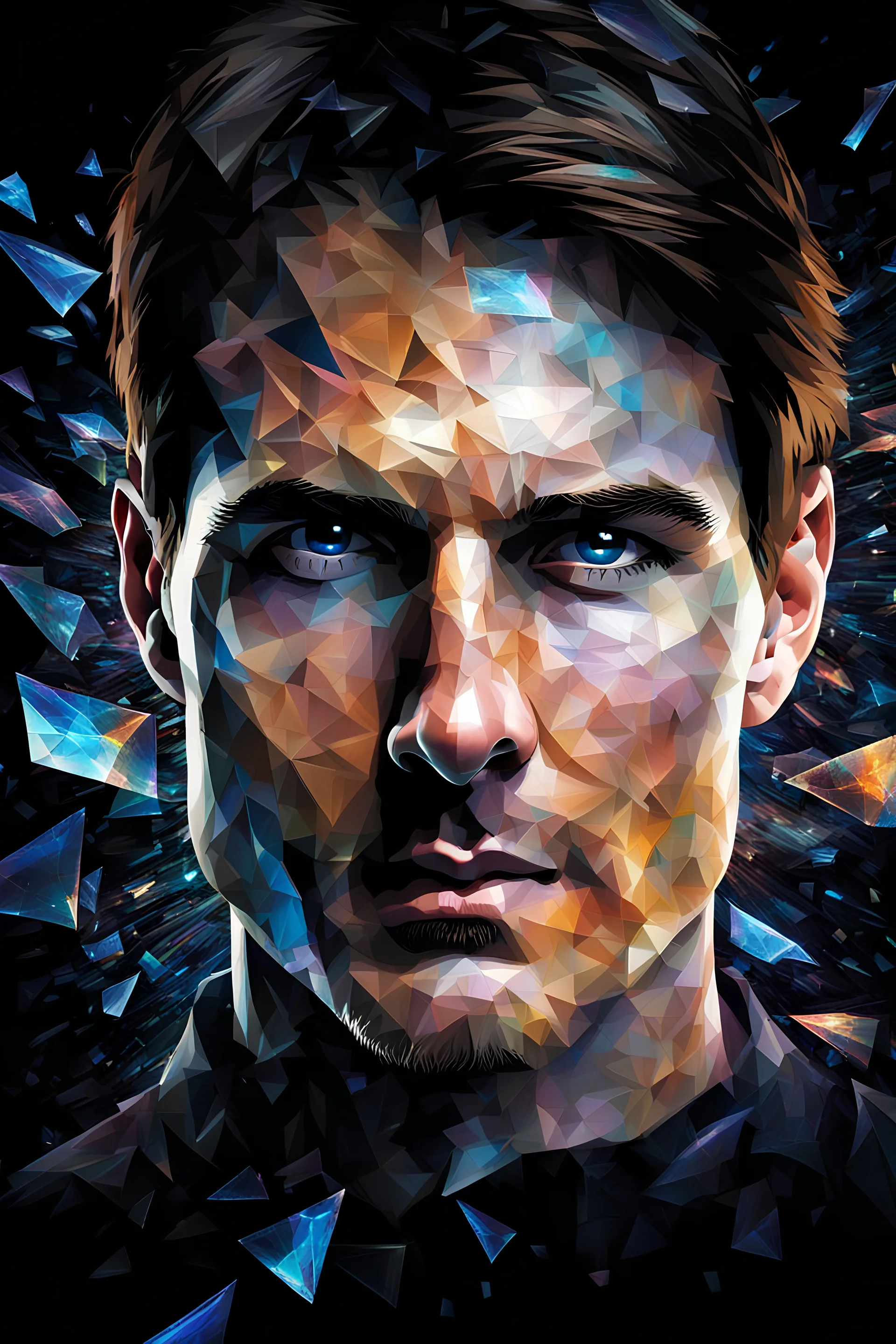 Tom Cruise facial portrait - pitch-black background with a blue glowing overhead spotlight effect, multicolored shards of broken glass, prism effect, mosaic effect, time travel, space voyages, superheroes, moving really fast