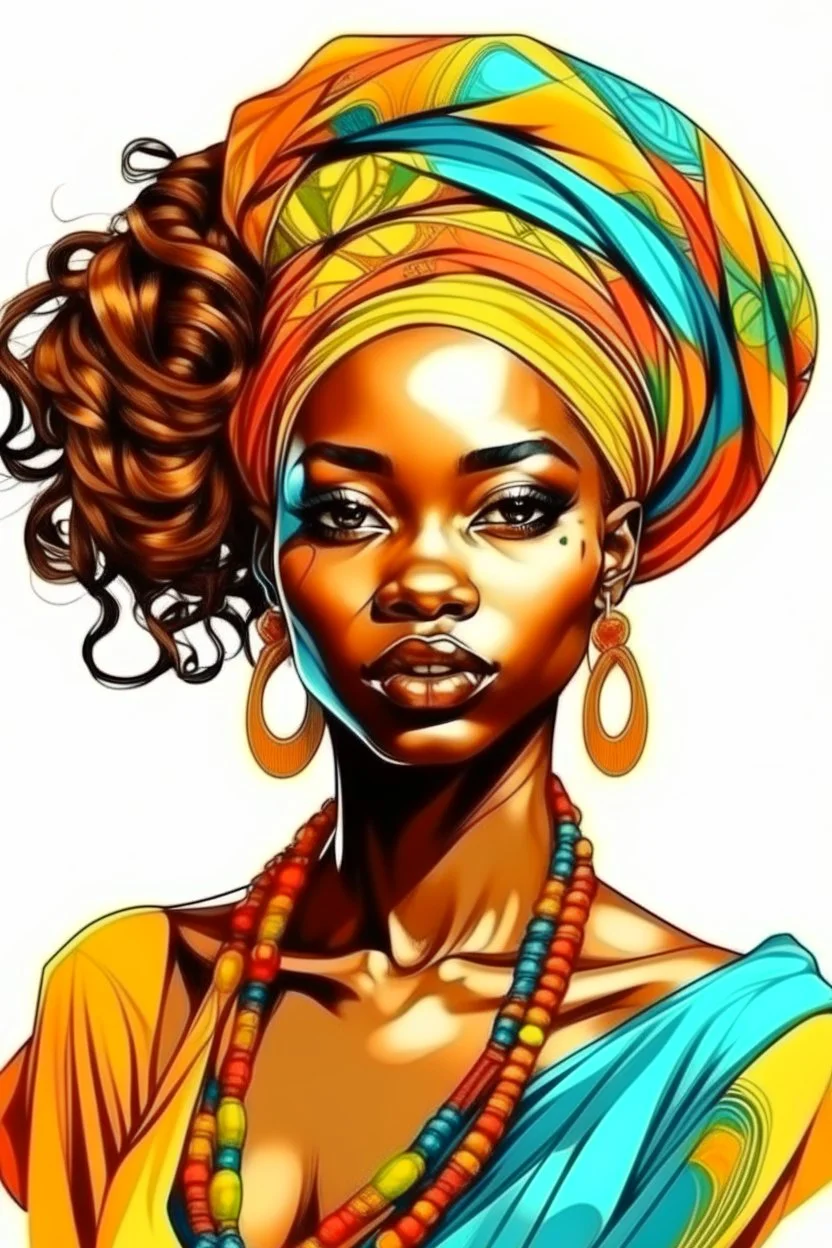 colorful picture handdraw of beautifull african girl beautiful hairstyle front face