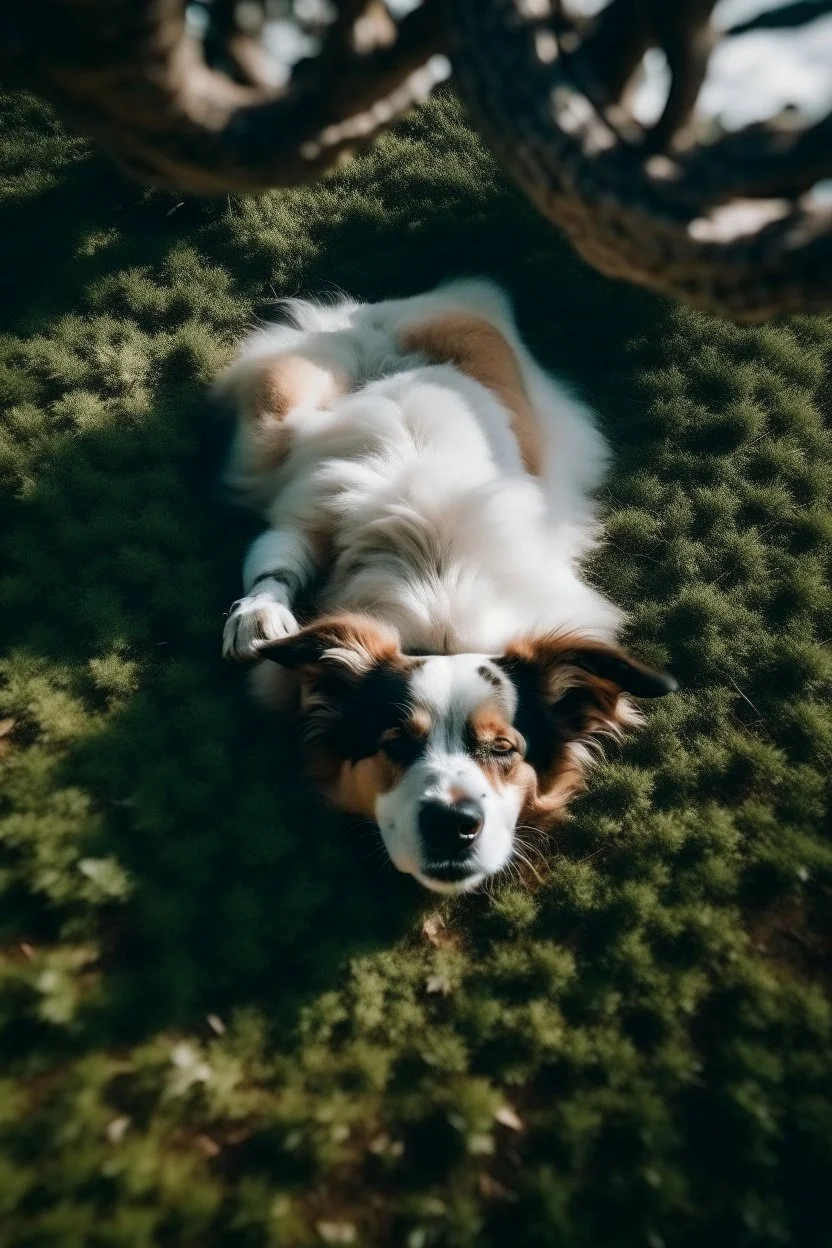 Un perro durmiendo abajo de un arbol boca arriba. Plano desde arriba. Corregir que el perro esté durmiendo boca arriba y la fotografía tomada desde arriba. Corregir que el perro esté con la panza mirando para el cielo