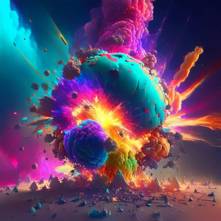 multiple colorful magical explosions destroy a planet, 8k resolution, photorealistic, ultra detailed