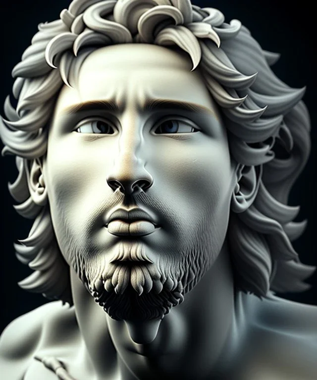 Realistic image, classic sculpture, marble material, Lionel Messi with Laurel wreath model, miguel angel style, God light, god rays, 4k resolution, perfect details, ornate details, soft lighting, unreal engine 5, soft cyan background.