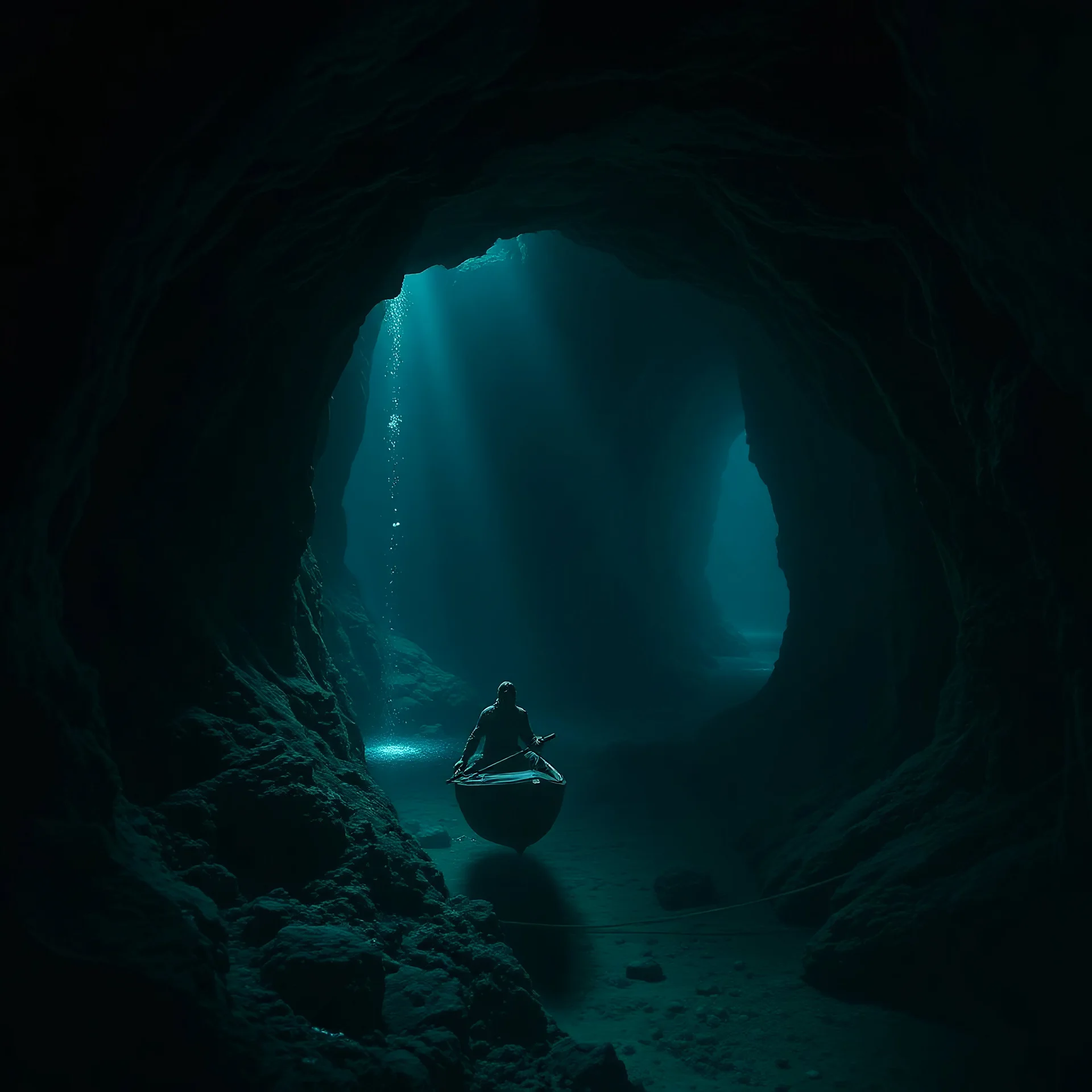 lord of the rings, fantasy, submaring travelling through an underwater cave, dark