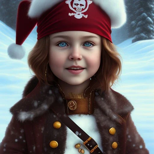 Portrait of pirate child with brown hair and with cute face, north pole snowy vibe , perfect composition, hyperrealistic, super detailed, 8k, high quality, trending art, trending on artstation, sharp focus, studio photo, intricate details, highly detailed, by greg rutkowski