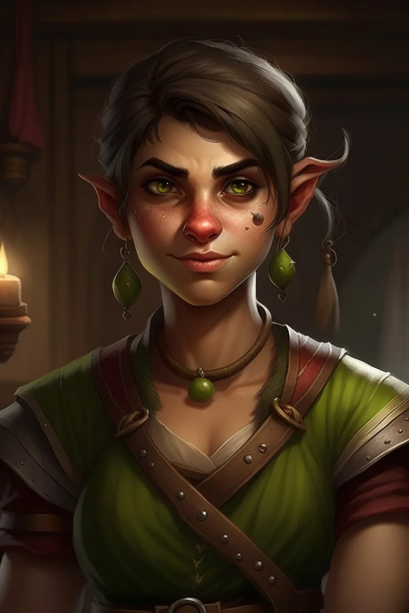 Dungeons and dragons orc young woman. She has orc skin. She is kind. She is handsome. She has nice eyes. She has short hair. She is strong. She is in a tavern. She has broad shoulders. She has a large jaw. She wears casual peasant clothes. Realistic style