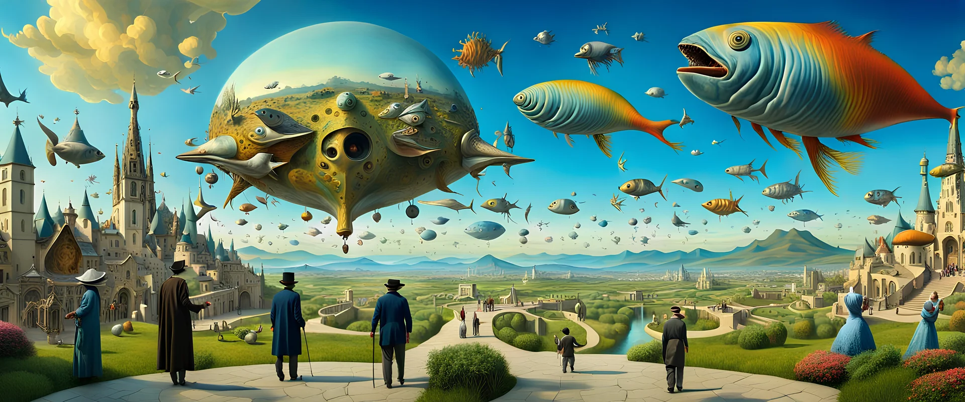 Salvador Dali & Hieronymus Bosch greet to each other at an outdoor surrealist market. A flock of dream-like sky-fish fly high in the far distant sky, with a beautiful surreal outdoor countryside summer scene with hills, pathways, steps, waterfalls, interesting buildings, & an intricate fractal sky, very high detail, photorealistic, epic cinematic, 8K, Large depth of field