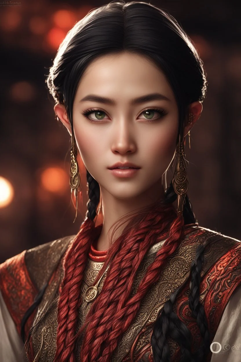 beautiful oriental female elf with pointed ears and long black braids