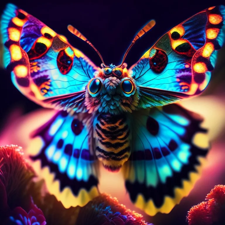 Glowing Colorful Moth 1.5mm field of view Olympus macro gear at 5:1 magnification. Modifiers: sharp focus elegant fantasy bright studio setting studio lighting photorealistic very attractive beautiful wallpaper award winning imperial colors fantastic view hyperrealistic ultra detailed 4K 3D very cute cinematic postprocessing acrylic art