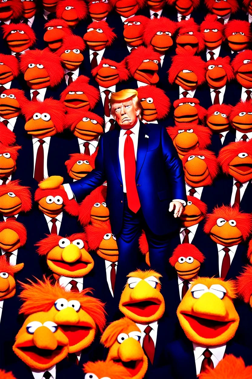 a Film Photograph of a realistic angry orange Donald Trump Muppet made of felt and fur wearing a dark blue suit and red tie and with blonde hair combover, he is old and angry with a round mouth