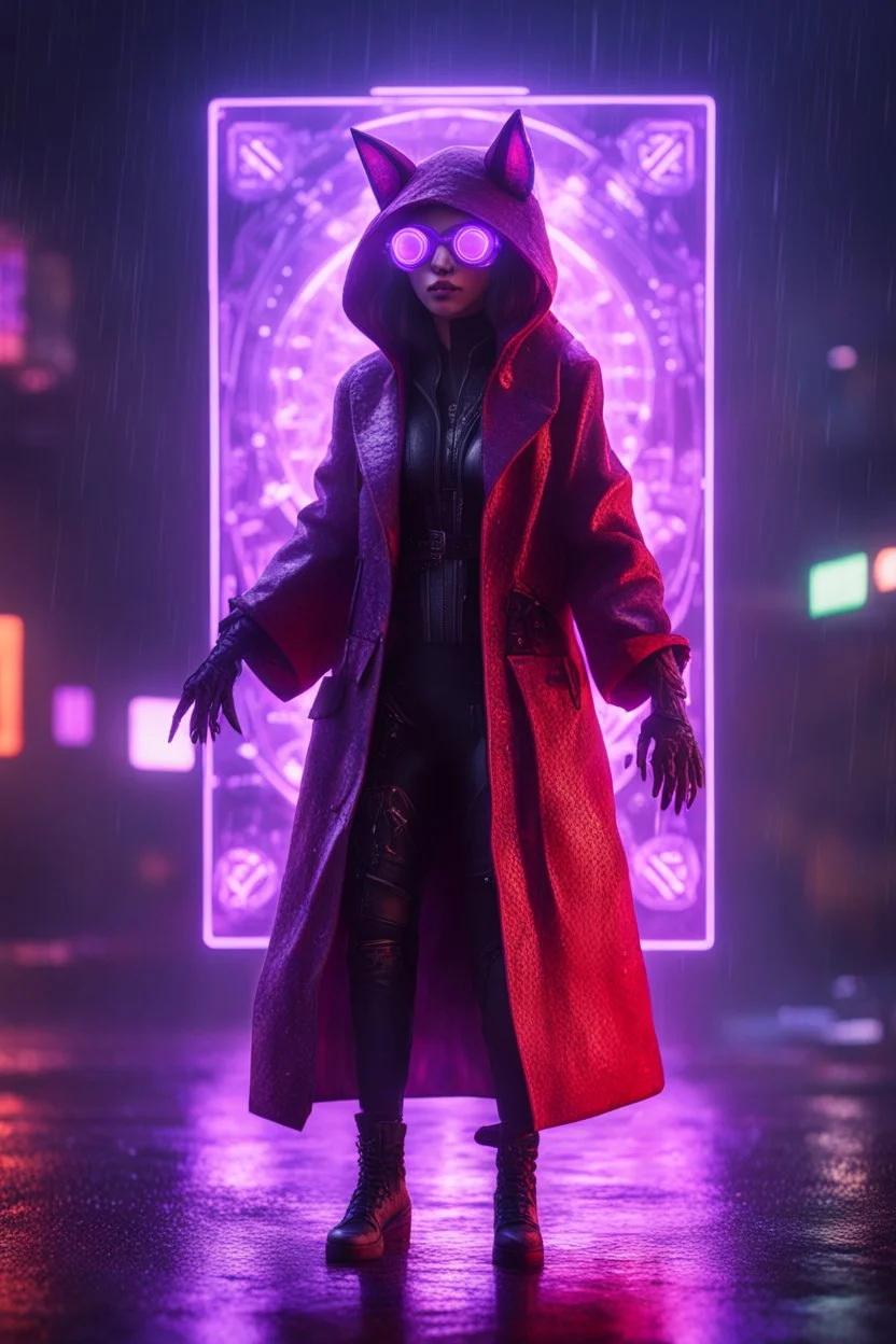 Lense flare,pen outline,Volumetric fog smack fox spider lights,paradise sacred geometry framed playing card, black, red, spore and purple neon cyber punk dancer priestess teurgist in soaked rain coat shadows boss card in the style of escher and fallout 4 ,,bokeh like f/0.8, tilt-shift lens 8k, high detail, smooth render, down-light, unreal engine