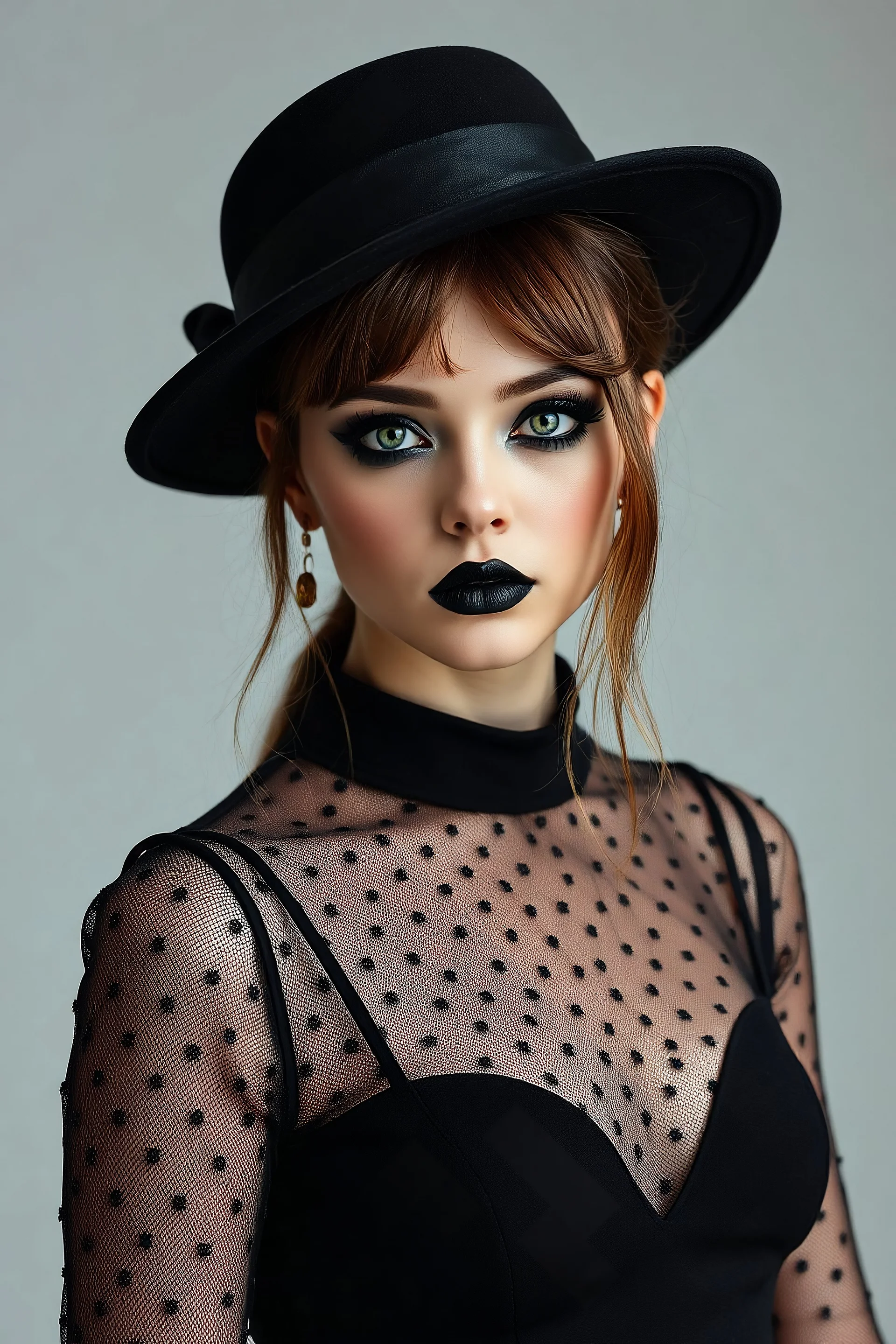 minimalism,amazingly beautiful fashion gothic girl closeup portrait wearing black luxury transparent cocktail dress, stunning black makeup, modern brown color hairstyle with a french hat