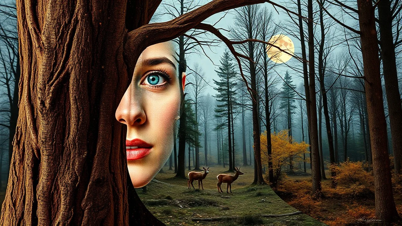 Intertwined: Woman and Forest in 3D Airbrushing This stunning double exposure image features a woman made of tree bark. It captures a vibrant forest landscape with deer under a full moon, accented with washed-out gold metallic effects that create a surreal, otherworldly atmosphere.